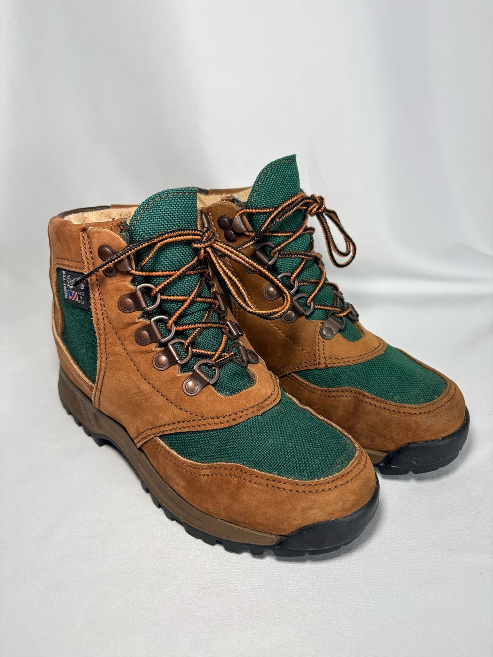 Vintage Danner Gore-Tex Brown Suede and Green Textile Hiking Boots size 6.5